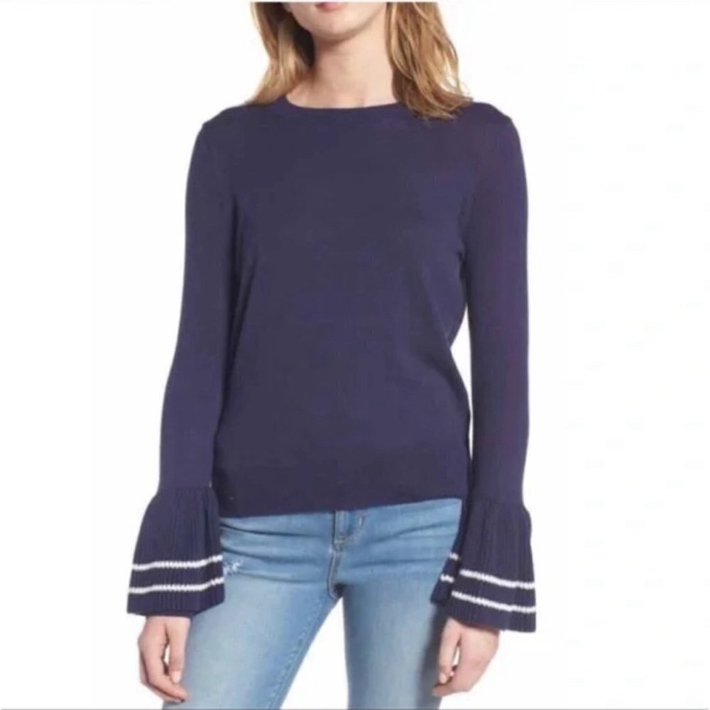 ** Ochirly Navy Bell Sleeve Crewneck Sweater Size S